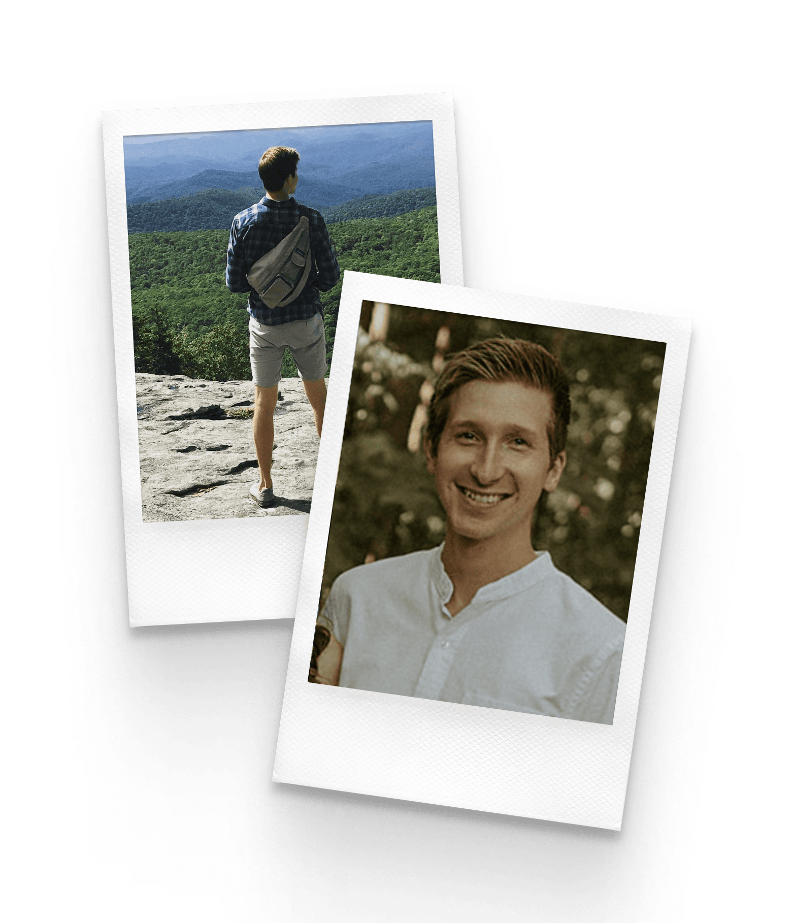 Two polaroid photos of Ben Markoch, one on a mountain overlook and one portrait