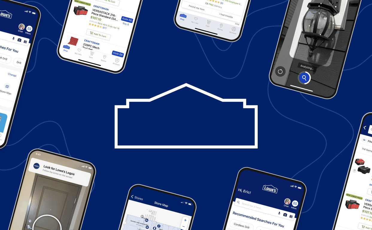 Eine Collage aus App-Screens mit Funktionen der Lowe's-App