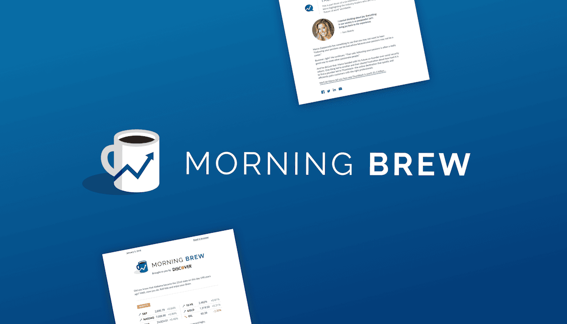 Das Morning-Brew-Logo auf blauem Verlauf neben Newsletter-Layouts